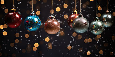 Colorful Christmas ornaments on dark background with bokehの素材