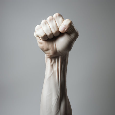 Photo for Close up of human fist isolated on grey background. Concept of human rights. - Royalty Free Image