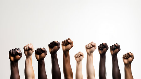 Many hands of different races clenched into fists, isolated on white backgroundの素材