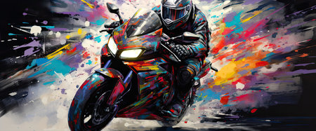 motorcycle rider in action on colorful abstract background. 3d illustrationの素材
