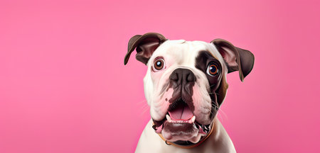 Funny dog with funny expression. Studio shot on pink background.の素材
