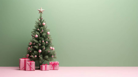 Christmas tree and gift boxes on pastel background. 3d renderの素材