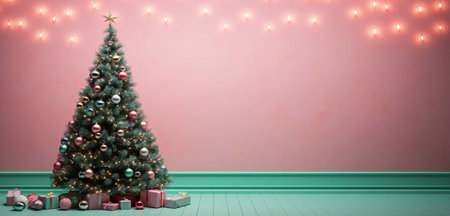 Christmas tree with presents and lights - 3D render of a christmas backgroundの素材