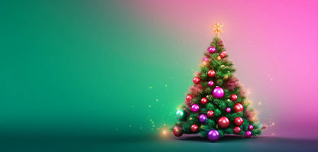 Christmas tree with colorful baubles on a green background 3D renderingの素材