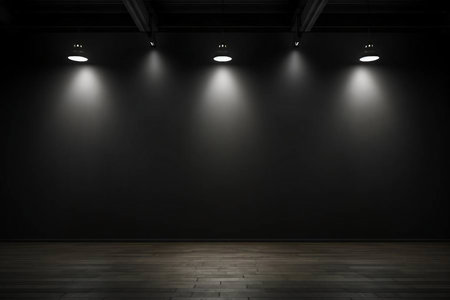 Empty room with black wall and spotlights. Mock up, 3D Renderingの素材