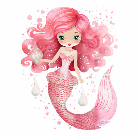 Cute cartoon mermaid with pink hair. Watercolor illustration.の素材