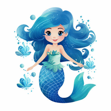 Cute cartoon mermaid with blue hair. Vector illustration isolated on white background.の素材