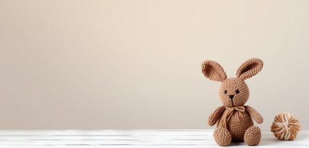 Easter bunny toy on white wood table and pastel color wall background.の素材
