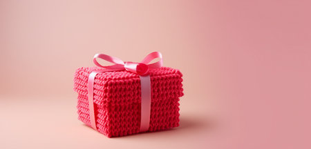 Handmade knitted gift box with pink ribbon on pink background.の素材
