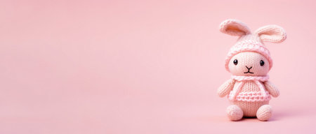 Cute knitted toy rabbit on a pink background. Place for text.の素材