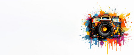 Digital composite of Colorful watercolor paint splashes and camera against white backgroundの素材