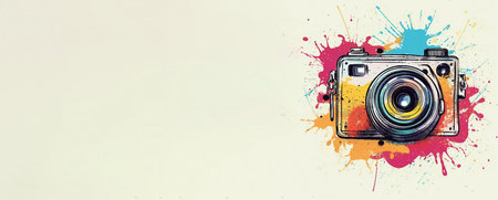 Vintage camera with colorful splashes on white background. Vector illustrationの素材