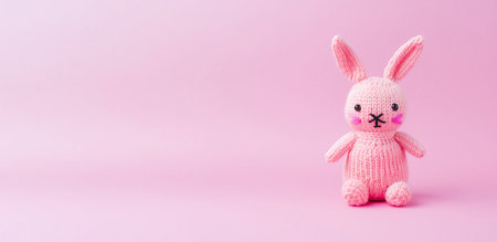 Cute knitted toy bunny on a pink background. Easter concept.の素材