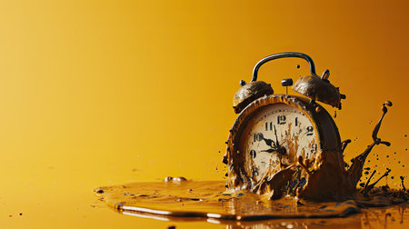 Alarm clock and splashes of water on a yellow background.の素材