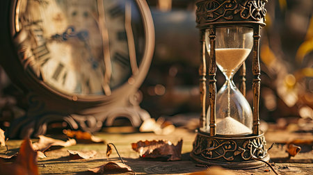 Old hourglass on the background of the clock and autumn leaves.の素材