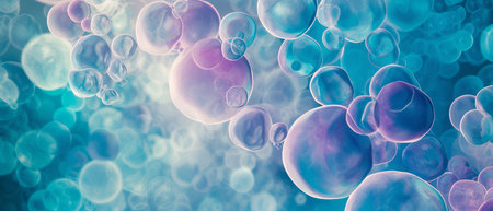 3d rendering of a group of colorful bubbles on a blue backgroundの素材