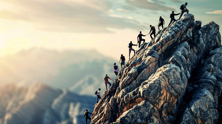 Teamwork and leadership concept as a group of people climbing up a mountain to reach the top of a cliff as a team effort to achieve success together as a team.の素材