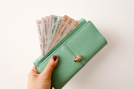 Money in purse on white BG