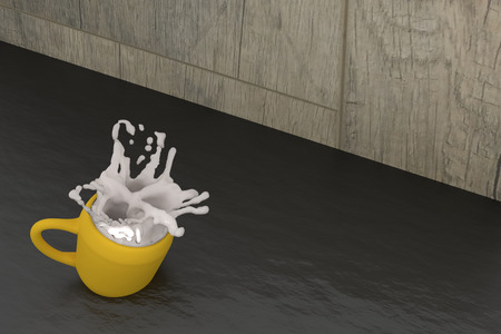 3d rendering of a cup of milk spill on a tableの写真素材