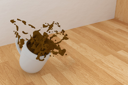 3D rendering of A cup of coffee spills on a wooden tableの写真素材