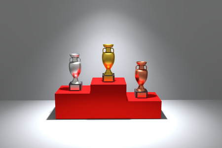 3D rendering of gold, silver, bronze trophy on a red podiumの写真素材