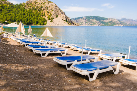 Sunbeds in Marmaris beach at Turkeyの写真素材