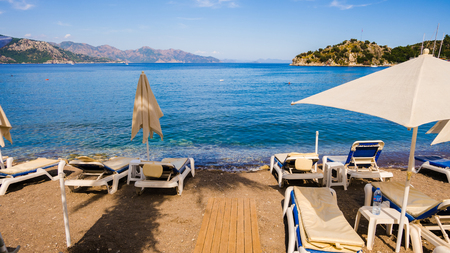 Sunbeds in Marmaris beach at Turkeyの写真素材