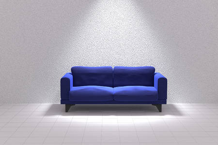 3D rendering of Blue sofa in a white room with ligtingの写真素材