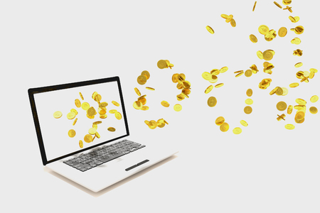 3D rendering of golden coins fly from labtop on white backgroundの写真素材