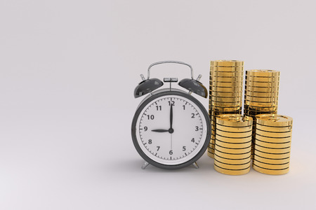 3D rendering of an alarm clock and golden coins on white backgroundの写真素材