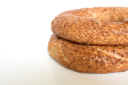 Famous turkish bagel (Simit) for breakfast in Turkey, isolated in white background