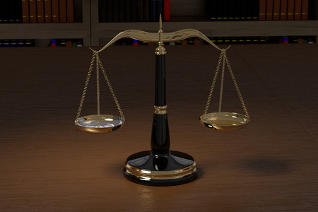 3D rendering of golden law scales in law office