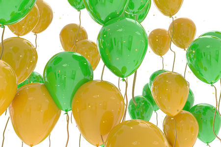 3D rendering of green and yellow balloons on white backgroundの写真素材