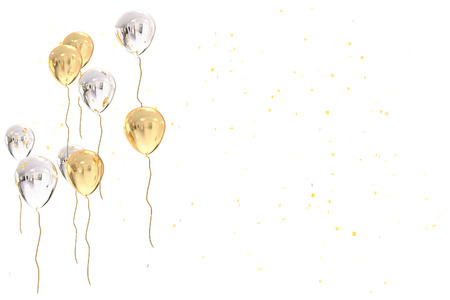 3D rendering of white, silver and golden balloons on white background with glitterの写真素材