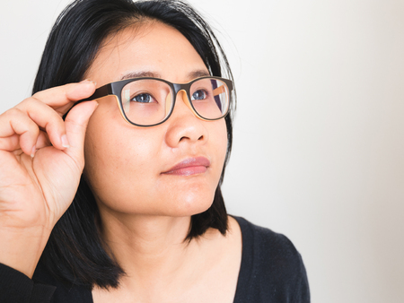 close up of a woman wearing glasses with copy spaceの写真素材