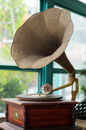 vintage golden phonograph, music conceptの写真素材