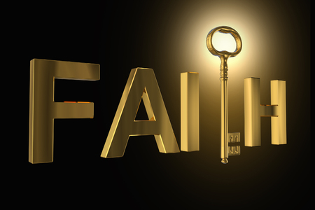 3D rendering of the golden key in faith letters on blackの写真素材