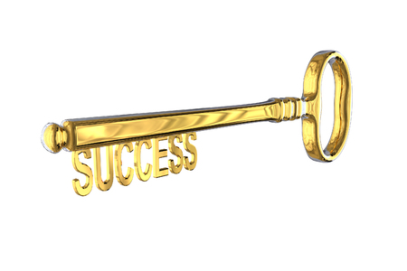 3D rendering of a vintage golden key with success on white backgroundの写真素材