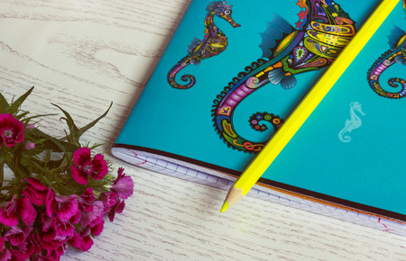Small blue notebook and yellow pencil on white table, vintage filter view; shallow depth of field