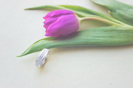 Pink tulip and white gold ring; greeting card, vintage effectの写真素材