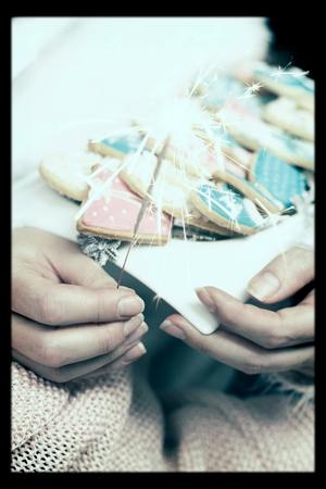 Woman hands holds a white plate with decorated winterchristmas cookies and a sparkleの写真素材