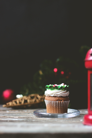 Vanilla cupcake with christmas decoration, on dark background; selective focusの写真素材