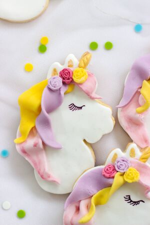 Unicorn royal icing cookies; food backgroundの写真素材