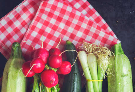 Spring vegetables-cucumber, spring onion, radishes, zucchini on black backgroundの写真素材