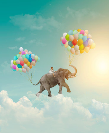 Little girl riding an elephant with balloons, flying in the sky; fantasy, metaphor, achievement conceptの写真素材