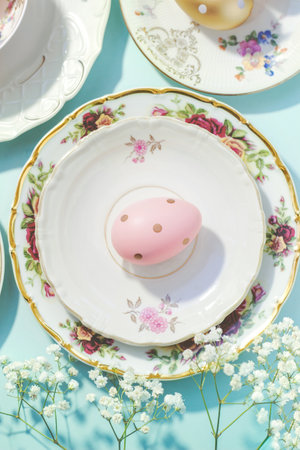 Aesthetic Easter table set up. Vintage dishes, cups and golden eggs on blue background. Easter food and breakfast, pastel colorsの写真素材