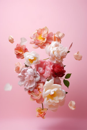Beautiful spring flowers flying in the air, against pink background; Creative spring floral layout. Minimal birthday, valentines or wedding concept. AI generatedの素材
