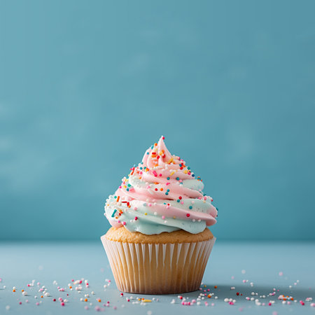 Beautiful tasty cupcake against blue background, with copy space. Ai generativeの素材