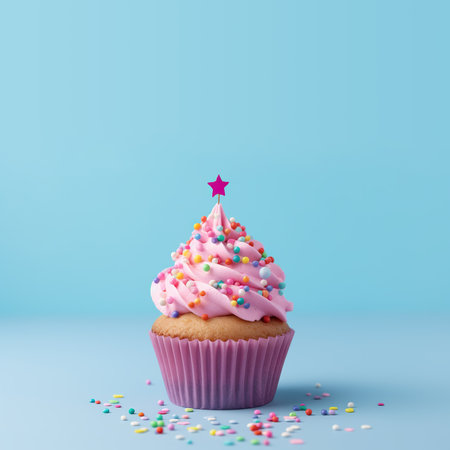 Beautiful tasty cupcake against blue background, with copy space. Ai generativeの素材