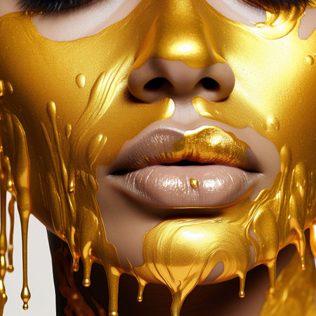 Close-up portrait of beautiful woman with golden make-up and gold paint on her lipsの素材